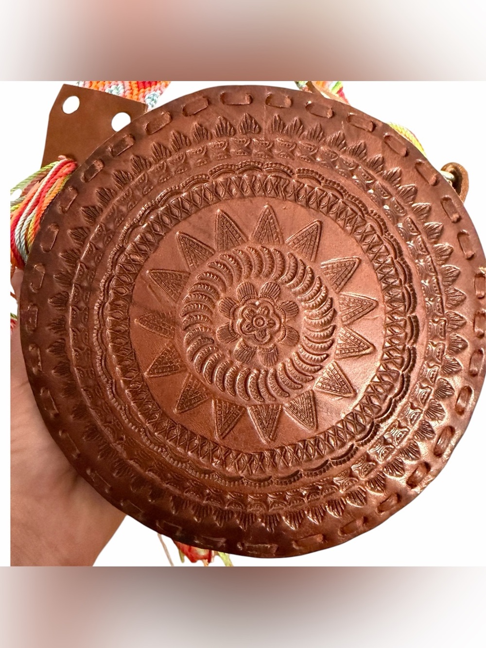 Handcrafted Brown Embossed Round Crossbody Bag